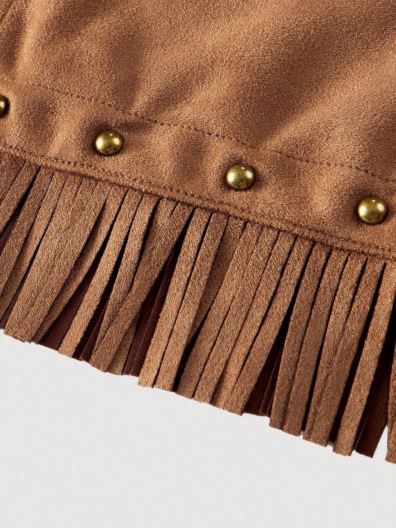 フレアスカート スエード調フリンジ付き台形フレアスカート