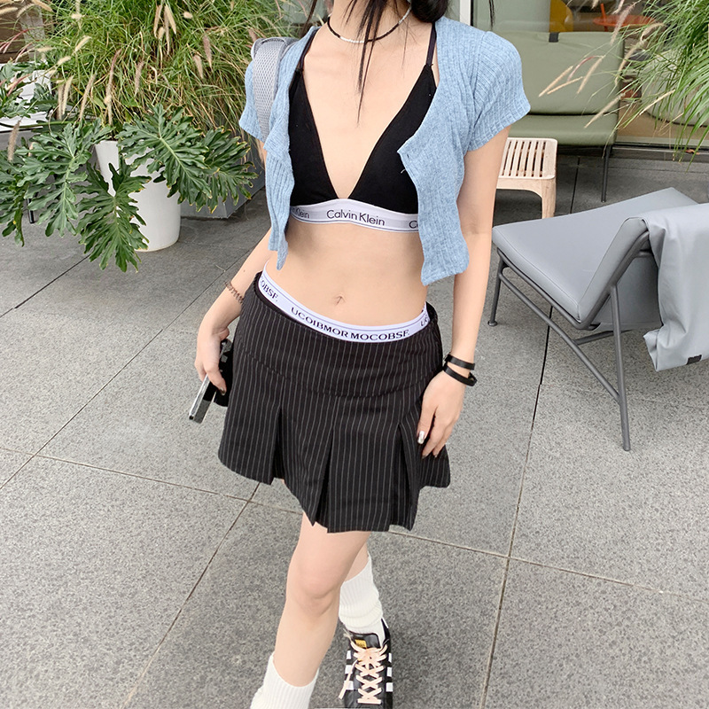 フレアスカート ロゴ入りウエストバンドストライププリーツスカート