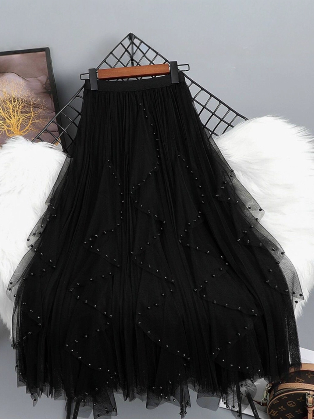 フレアスカート パール装飾チュールレイヤードフレアスカート