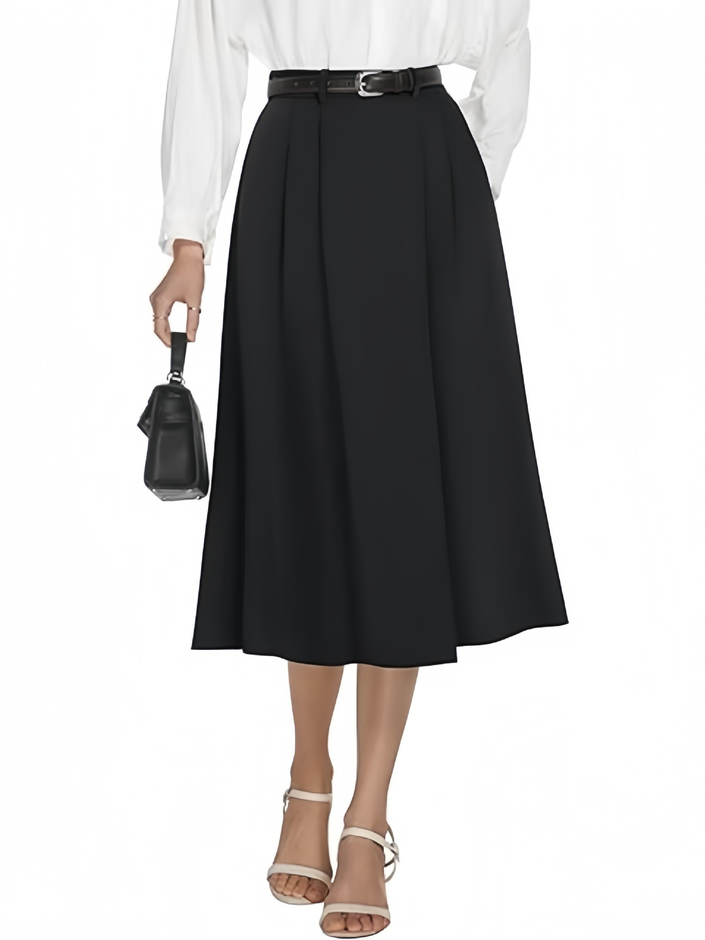 フレアスカート ベルト付きタックフレア膝丈スカート