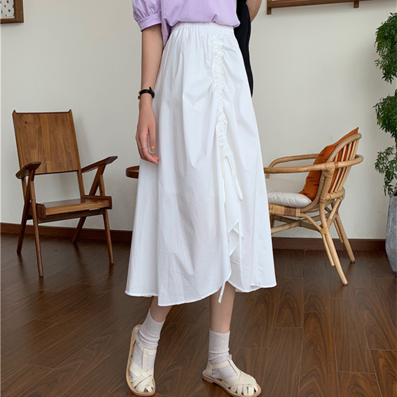 フレアスカート 裾絞り紐付きフリル装飾フレアスカート