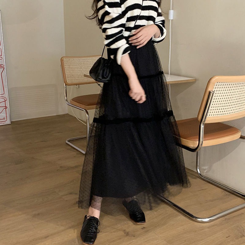 フレアスカート ドット柄チュール重ね段々フレアロングスカート