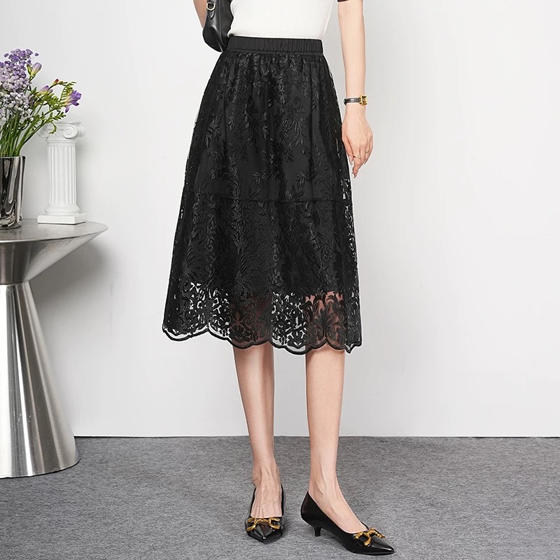 フレアスカート 花柄刺繍レース透け感エレガントフレアスカート