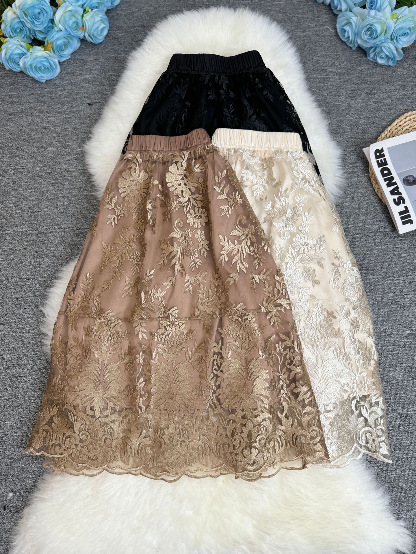フレアスカート 花柄刺繍レース透け感エレガントフレアスカート