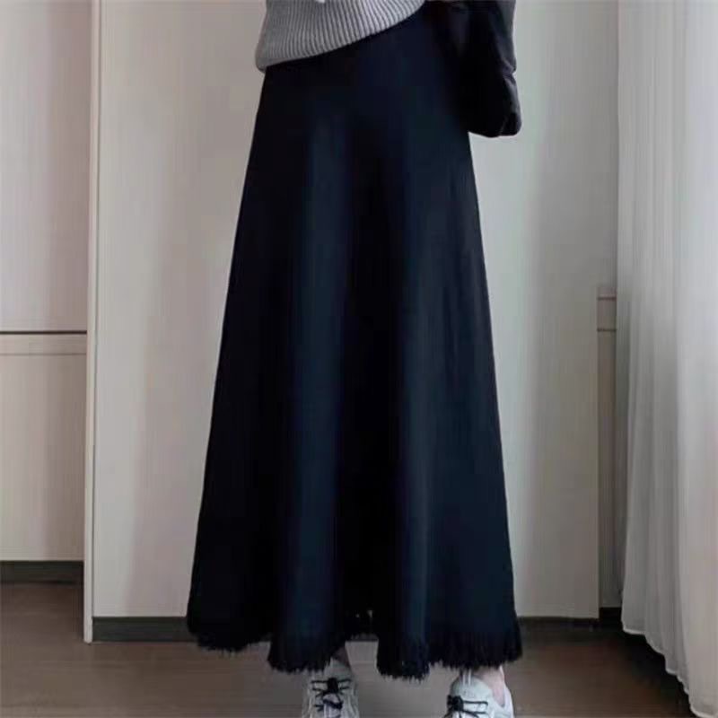 フレアスカート 裾フリンジデザイン上品フレアマキシスカート