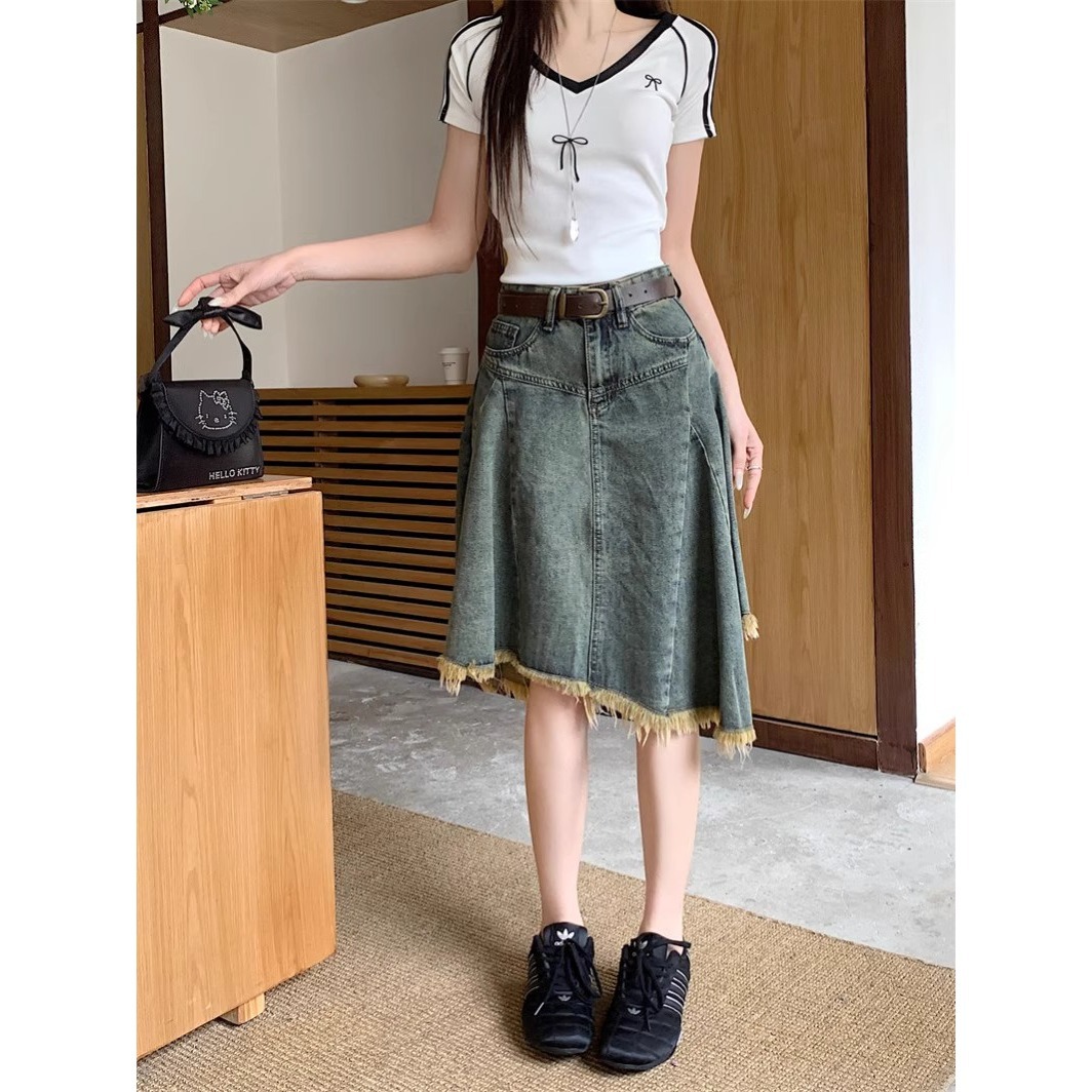 フレアスカート 裾フリンジデニムフレアスカート