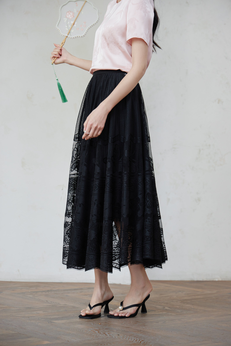 フレアスカート 総レース刺繍ハイウエストロングスカート