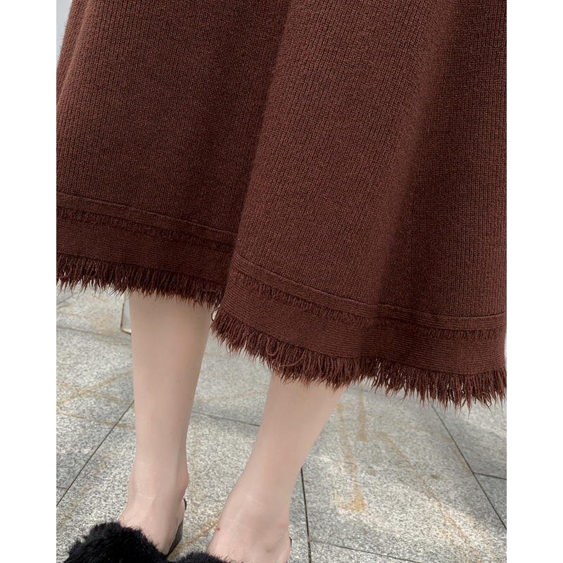 フレアスカート 裾フリンジ編み込みニットフレアスカート