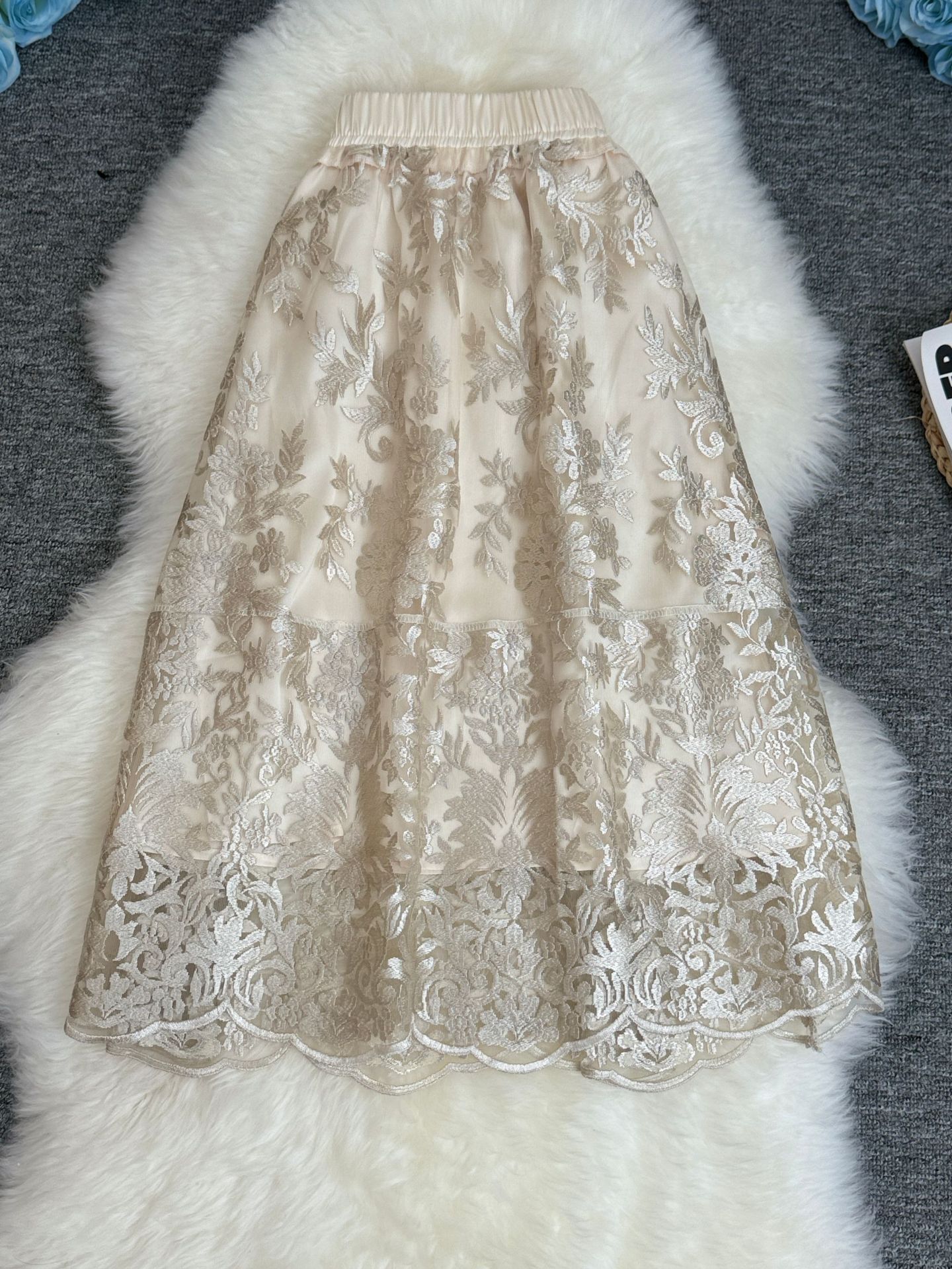フレアスカート 花柄刺繍レース透け感エレガントフレアスカート