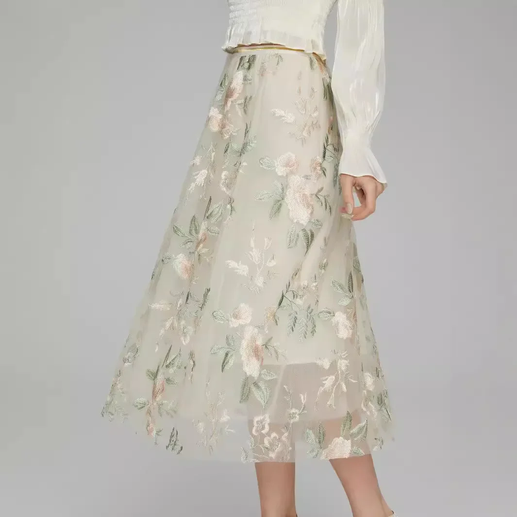 フレアスカート 花柄刺繍チュール重ねフレアスカート