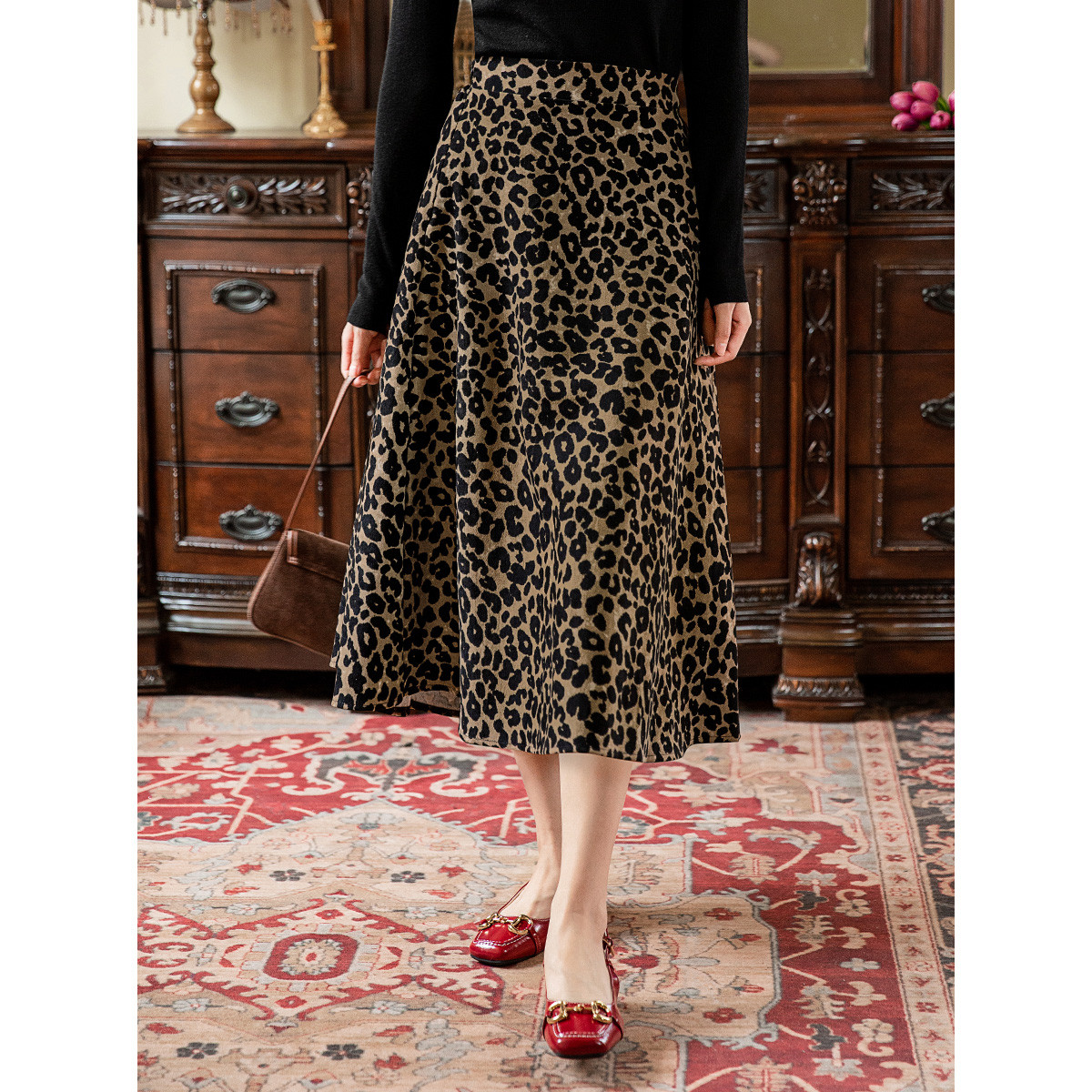 フレアスカート ヒョウ柄模様優雅広がりフレアスカート