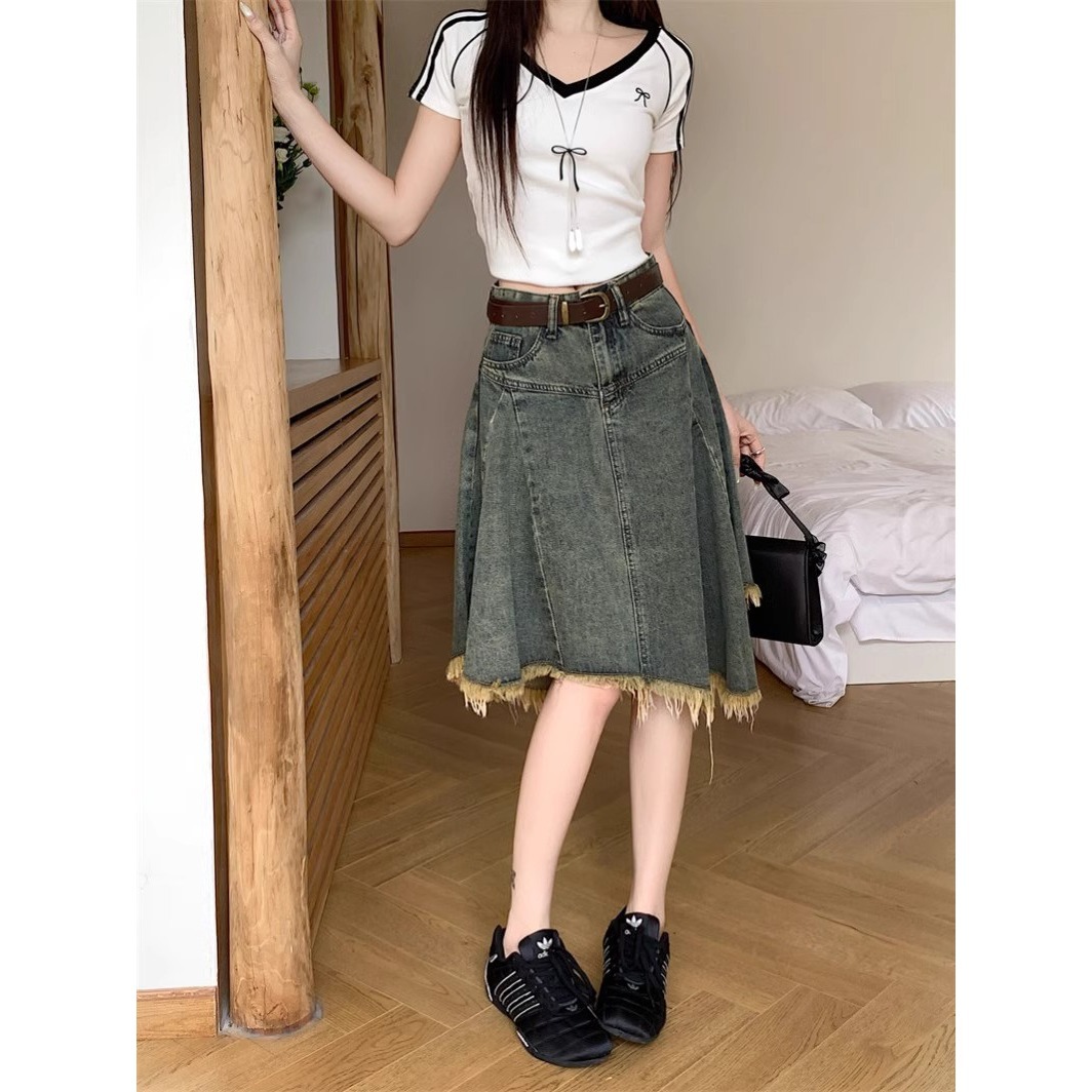 フレアスカート 裾フリンジデニムフレアスカート