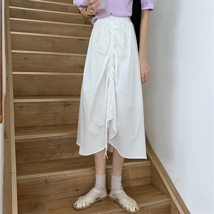 フレアスカート 裾絞り紐付きフリル装飾フレアスカート