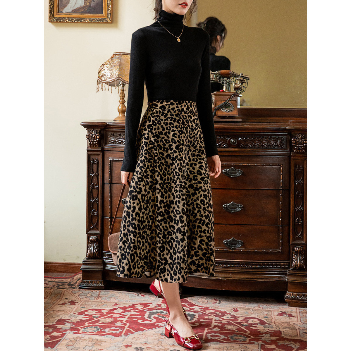 フレアスカート ヒョウ柄模様優雅広がりフレアスカート