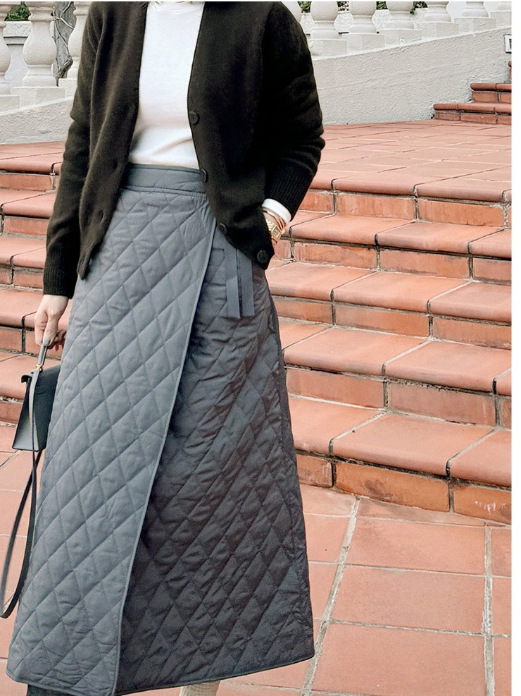 キルティング柄ロング丈フレアスカート韓国風上品レディース