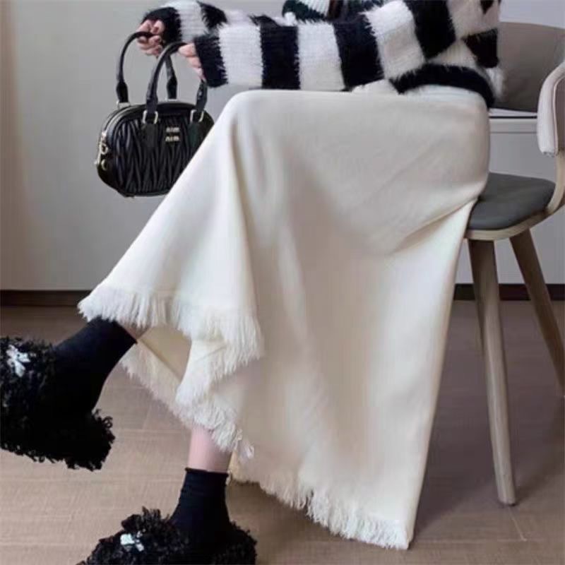 フレアスカート 裾フリンジデザイン上品フレアマキシスカート