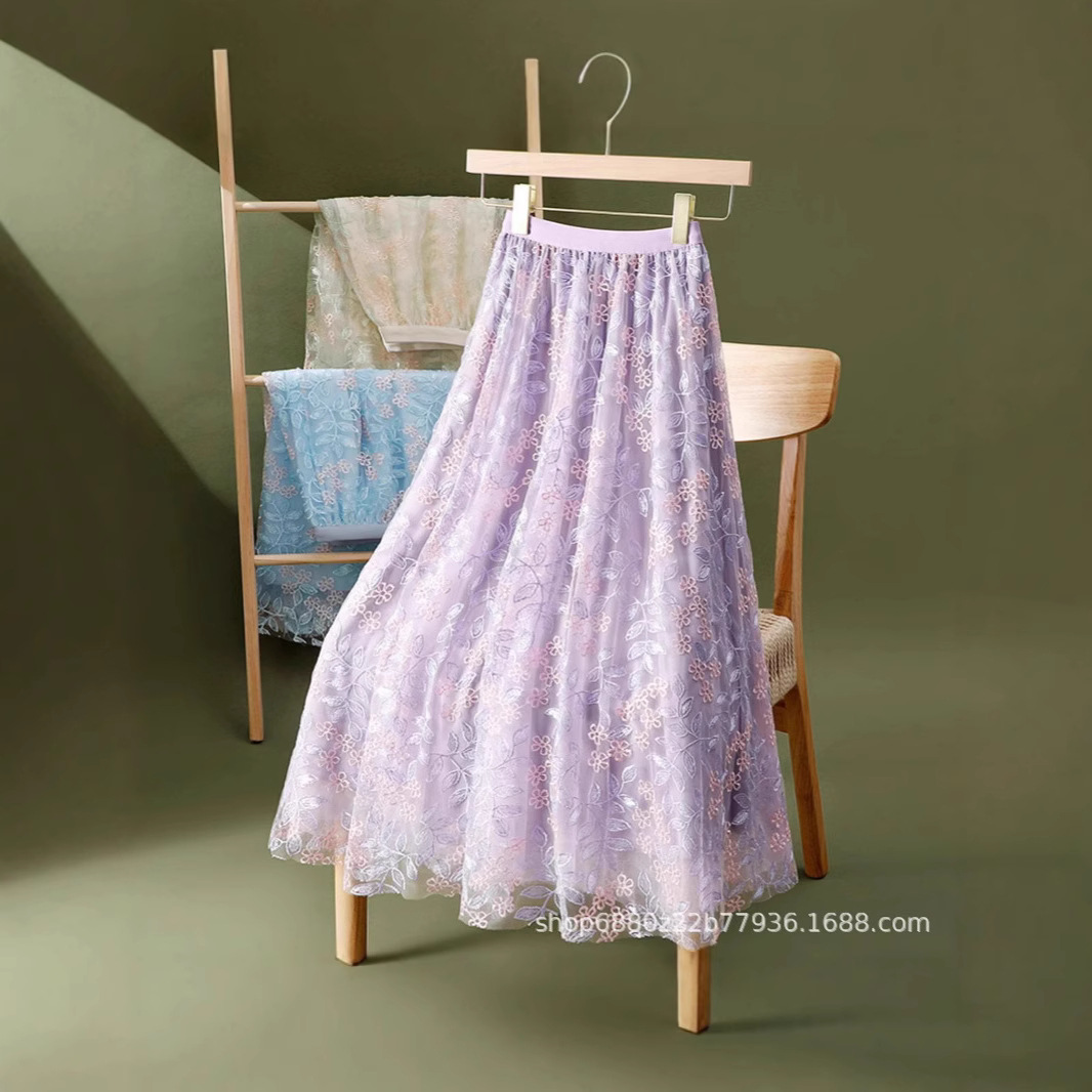 フレアスカート 小花刺繍チュールレース透け感フレアロングスカート