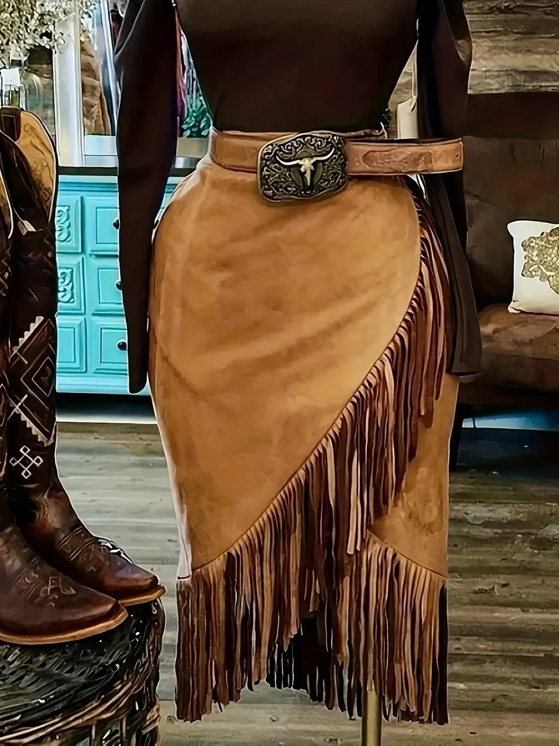 フレアスカート フリンジ付きスエード調ひざ丈フレアスカート