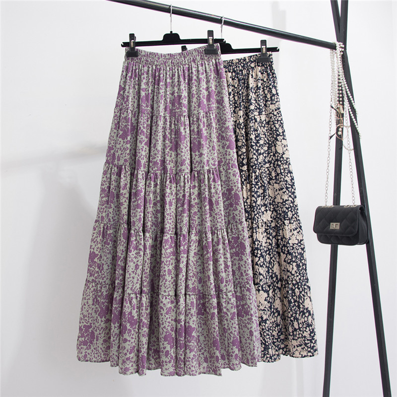 フレアスカート 花柄ティアード切り替え総ゴムフレアスカート