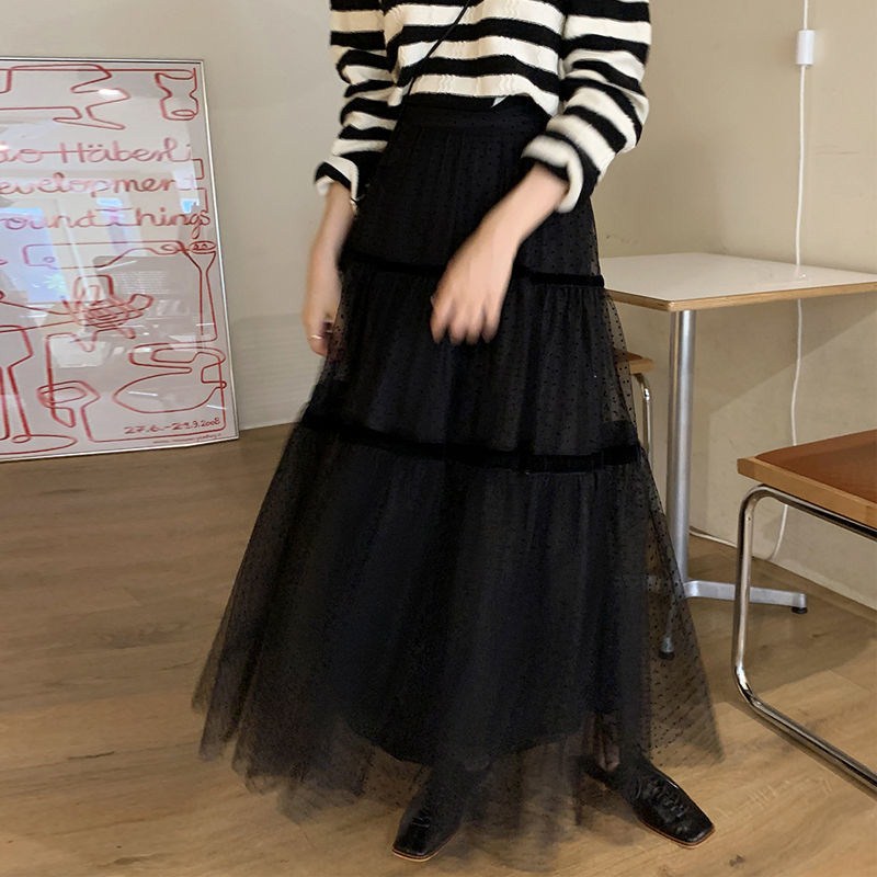 フレアスカート ドット柄チュール重ね段々フレアロングスカート