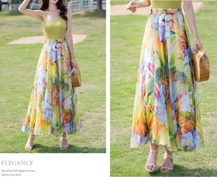 フレアスカート 花柄シフォン素材のフレアスカート・マキシ丈