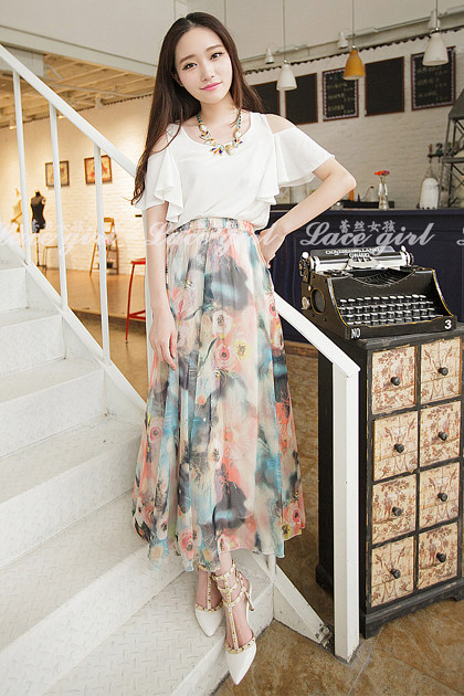 フレアスカート 水彩花柄シフォン素材フレアスカート