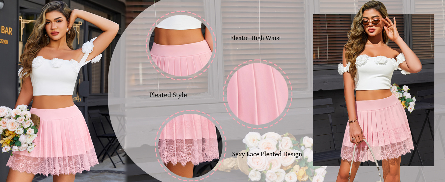 フレアスカート 裾レース切替プリーツフレアミニスカート