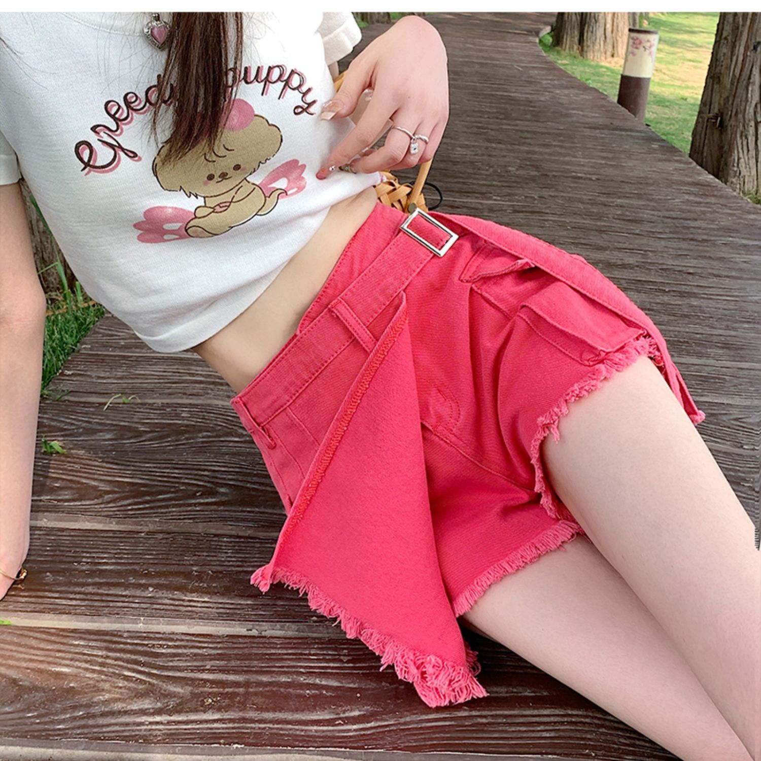 フレアスカート 裾フリンジ付きベルトデザインプリーツフレアスカート