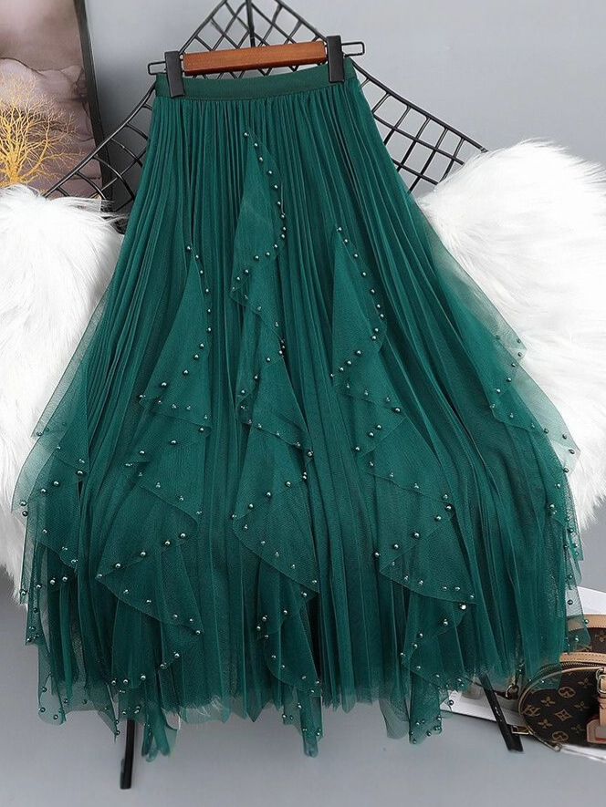 フレアスカート パール装飾チュールレイヤードフレアスカート