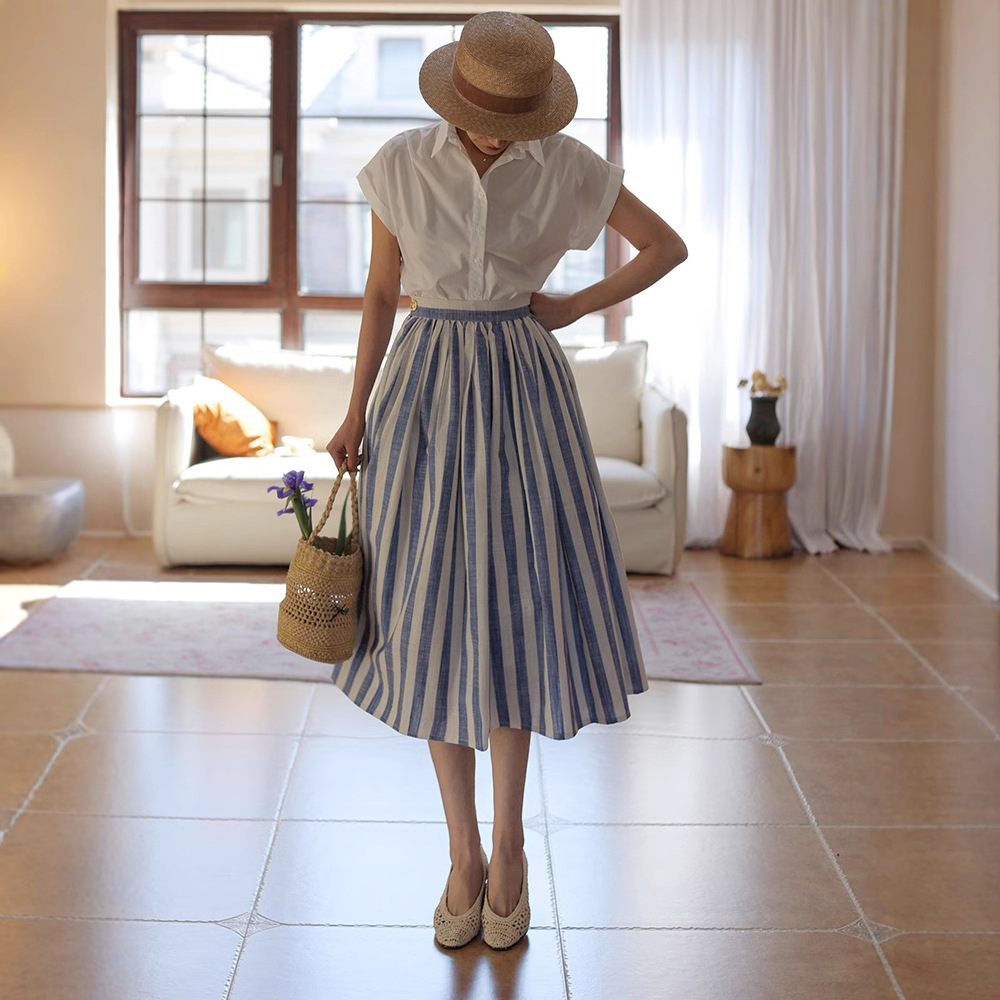 フレアスカート 爽やかストライプ柄ウエストゴムフレアスカート