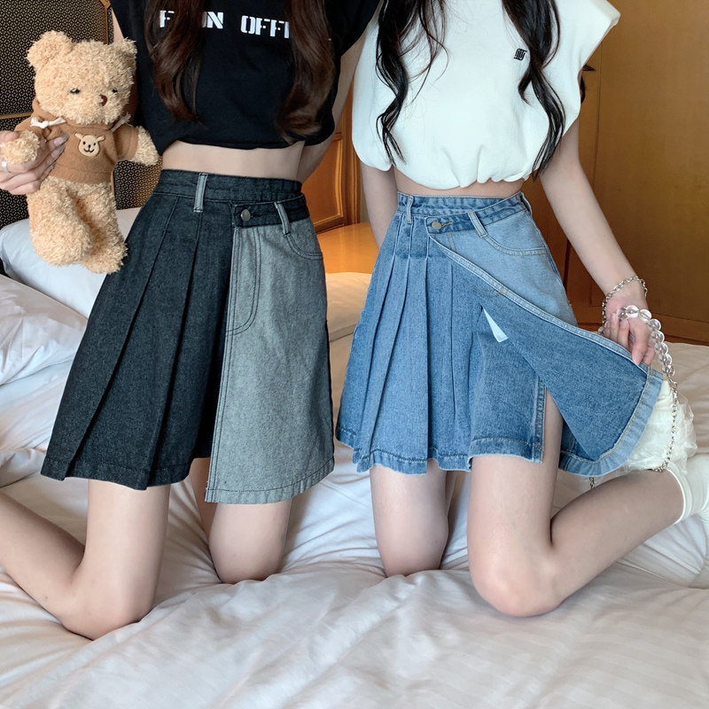 フレアスカート 配色切替デニムプリーツフレアスカート