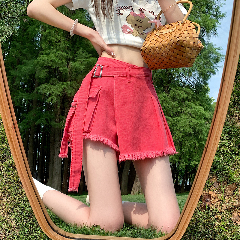 フレアスカート 裾フリンジ付きベルトデザインプリーツフレアスカート