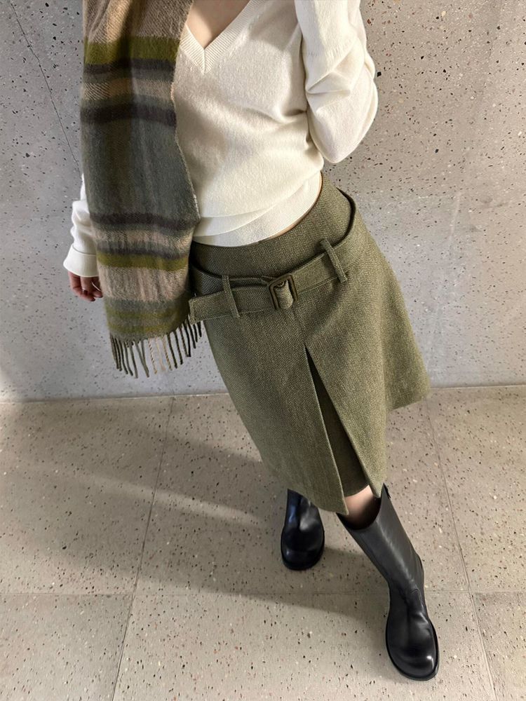 フレアスカート ベルト付きウール混フロントスリット入りフレアスカート