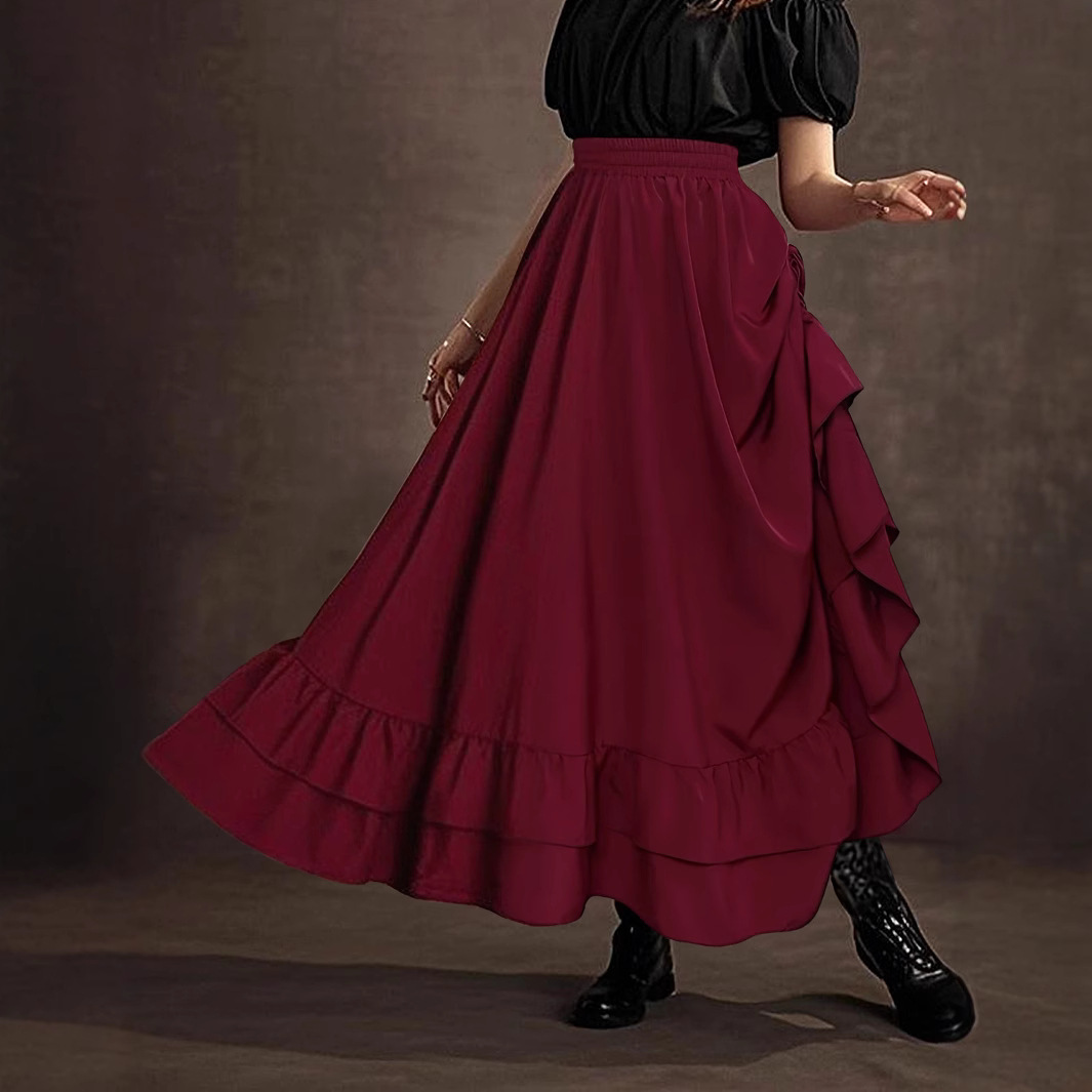 フレアスカート サイドフリル切替ゴムウエストフレアスカート