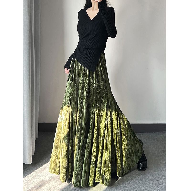 フレアスカート 光沢ベルベットプリーツフレアマキシスカート