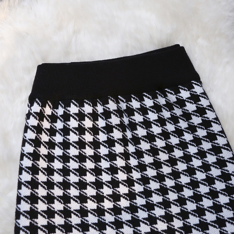 フレアスカート 千鳥格子切替フリンジ裾フレアスカート