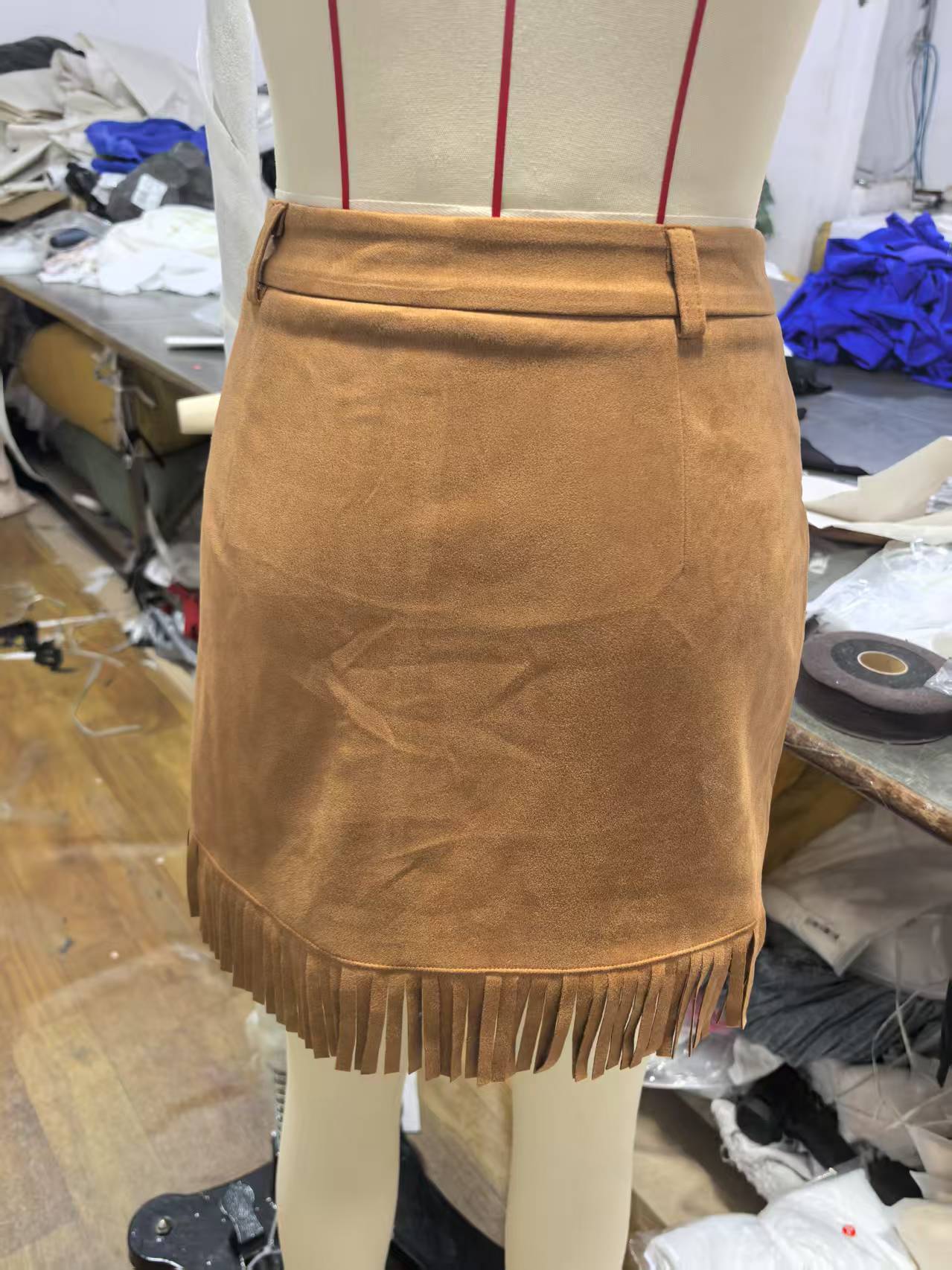 フレアスカート スエード調フリンジ付き台形フレアスカート