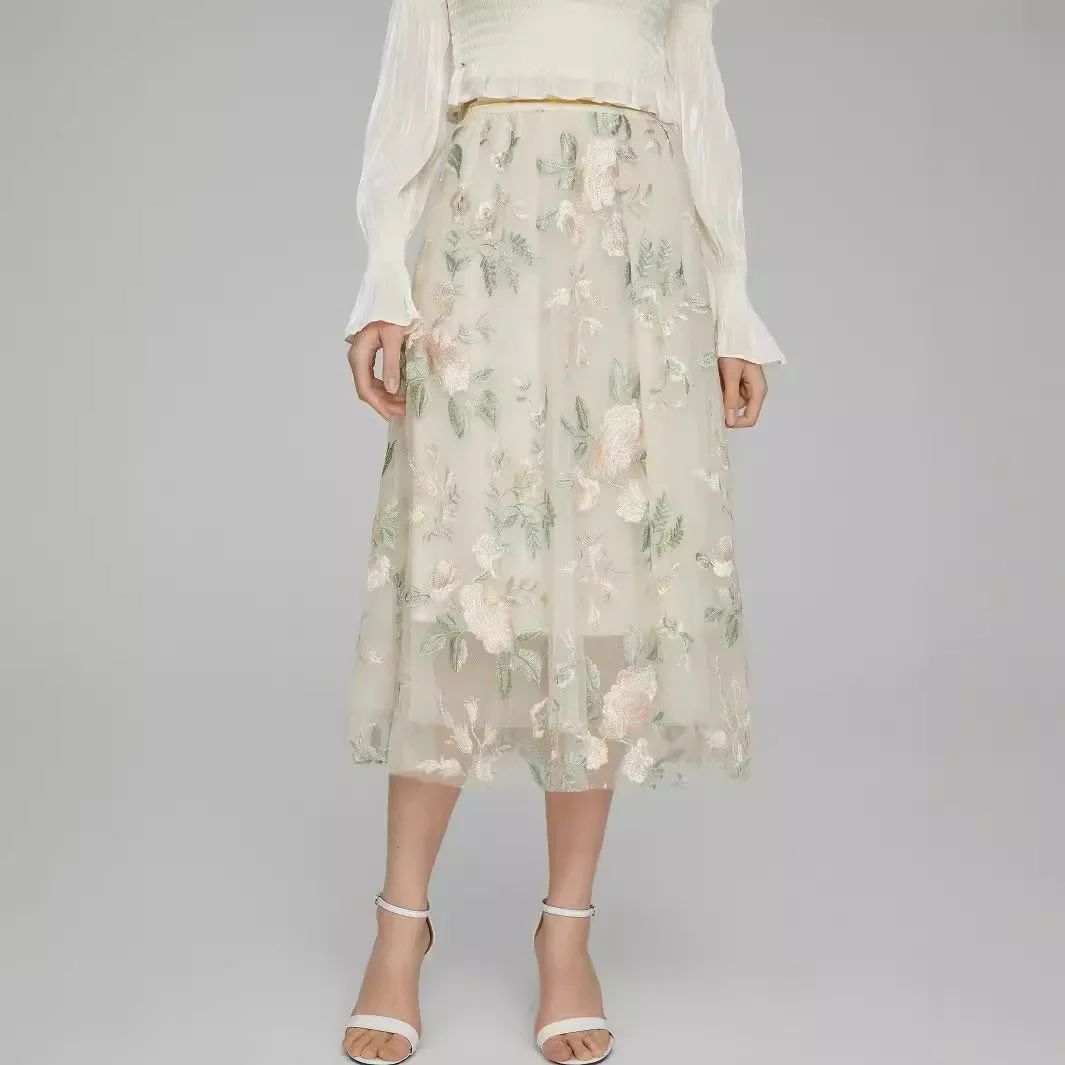 フレアスカート 花柄刺繍チュール重ねフレアスカート