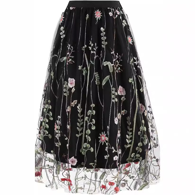 フレアスカート 花刺繍チュール重ね上品なひざ丈フレアスカート
