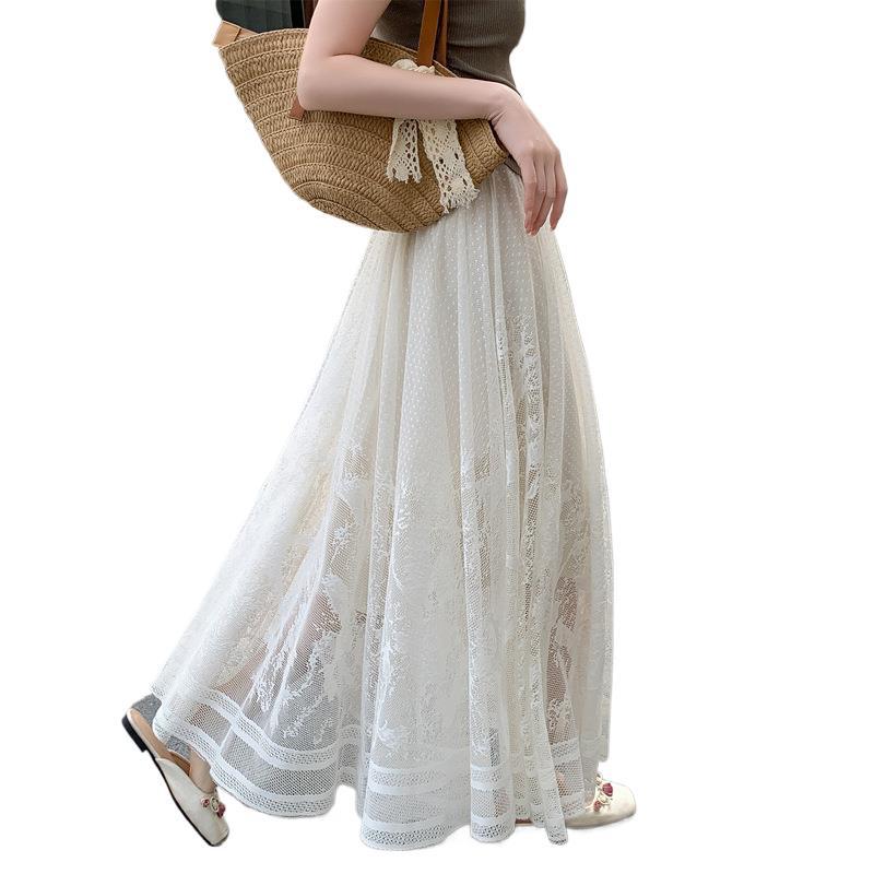 フレアスカート 花柄刺繍レース切替フレアスカートマキシ丈