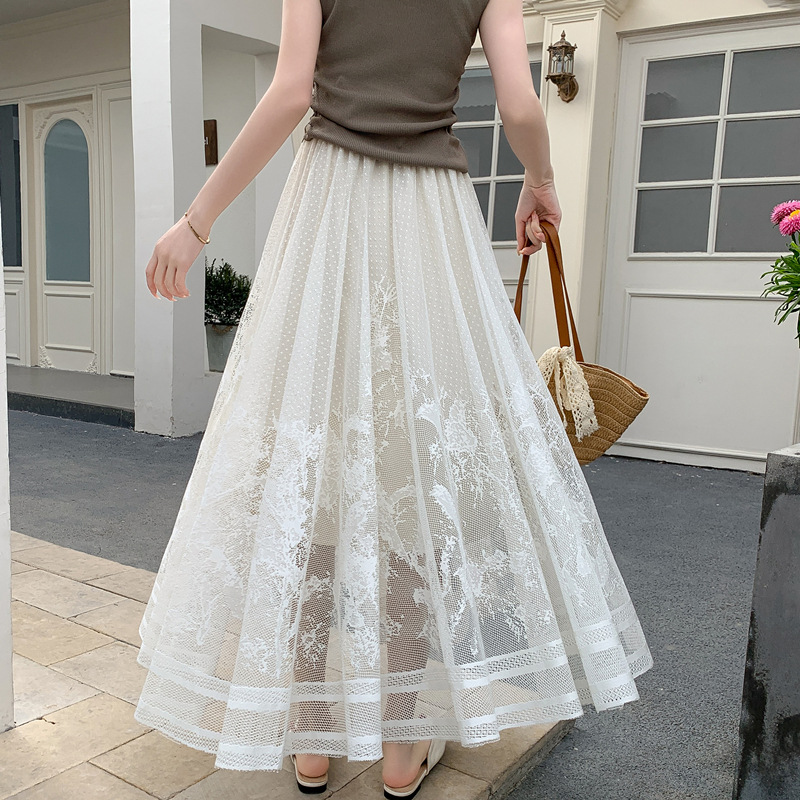 フレアスカート 花柄刺繍レース切替フレアスカートマキシ丈