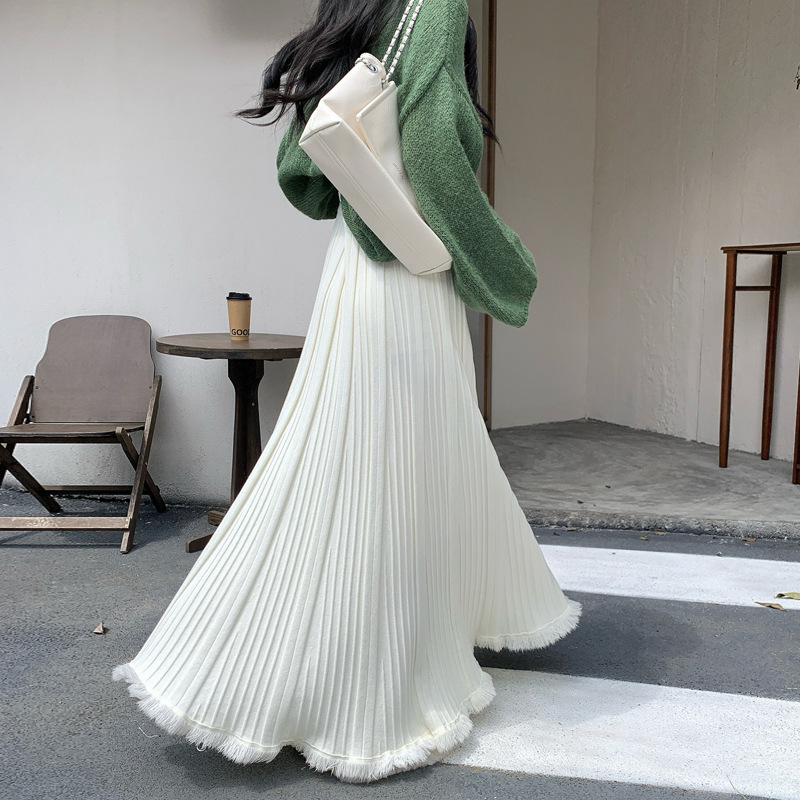 フレアスカート 裾フリンジプリーツフレアスカートマキシ丈