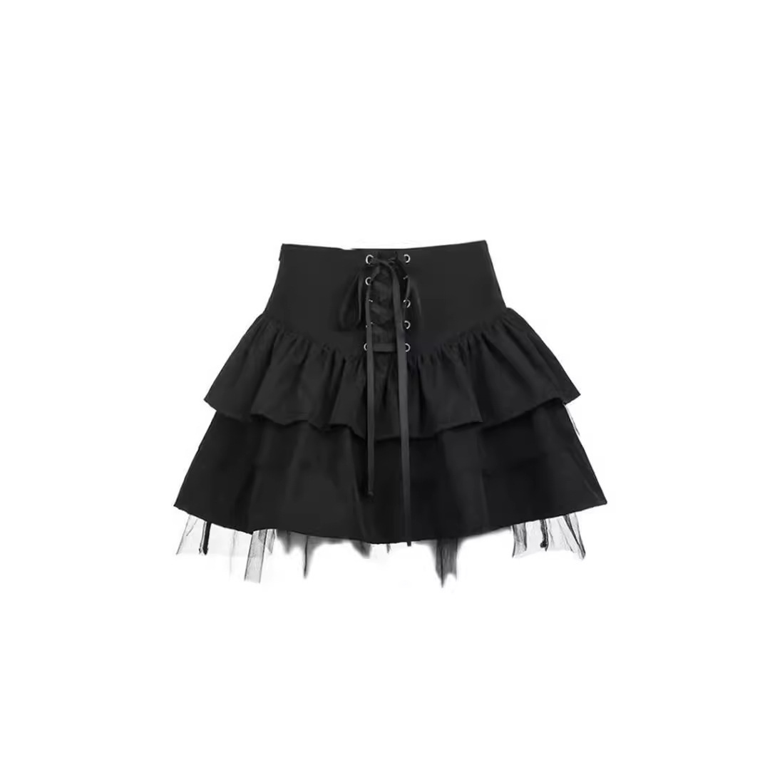 フレアスカート 編み上げリボン付き二段ティアードフレアスカート