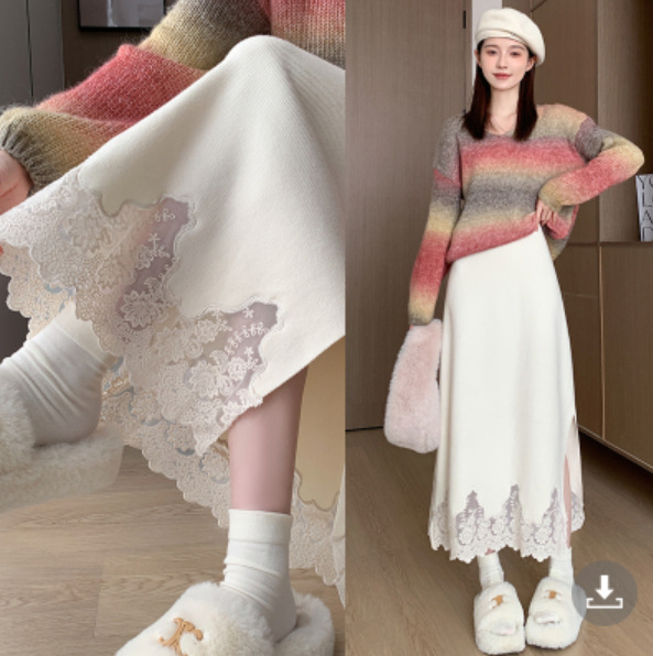 フレアスカート 裾レース装飾フレア広がりマキシ丈スカート