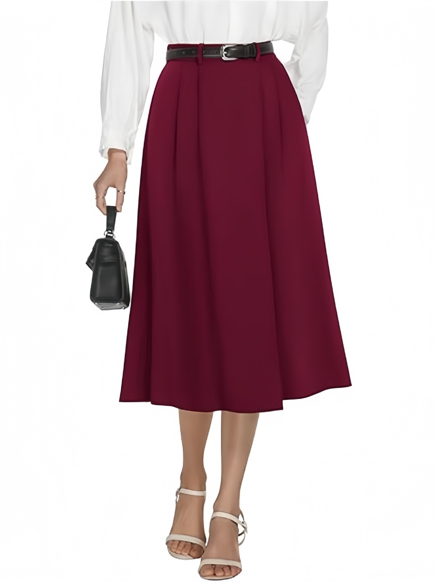 フレアスカート ベルト付きタックフレア膝丈スカート