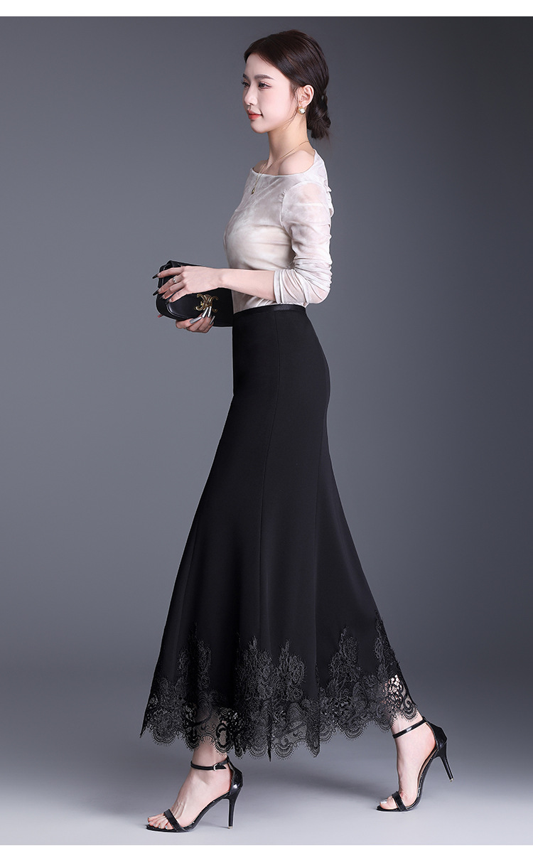 フレアスカート 裾レース刺繍エレガントフレアスカート