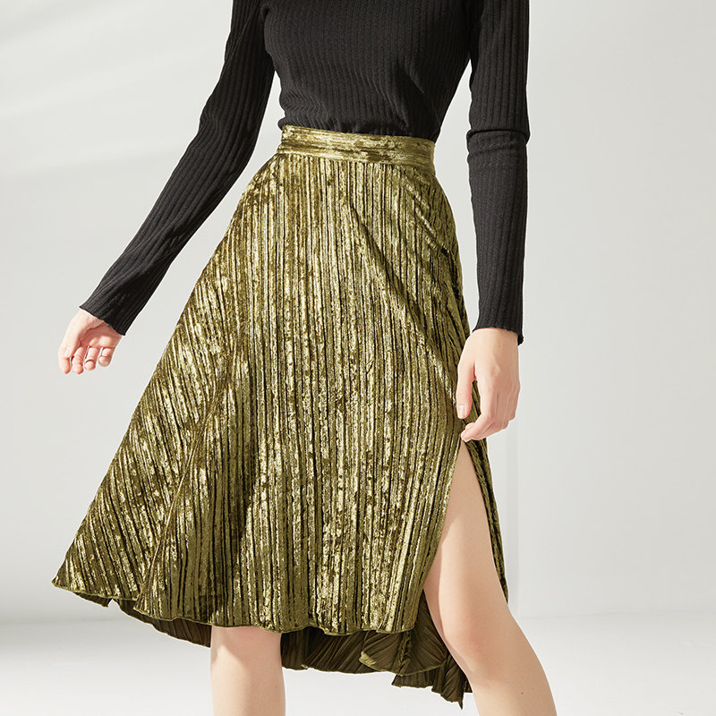 フレアスカート 光沢プリーツフレアスカート膝丈華やかメタリック