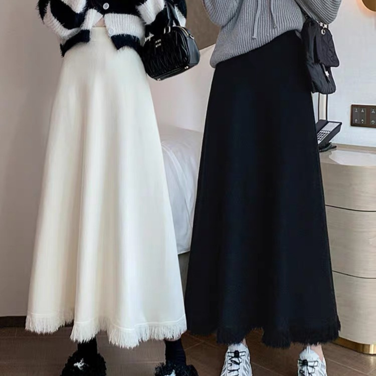 フレアスカート 裾フリンジデザイン上品フレアマキシスカート