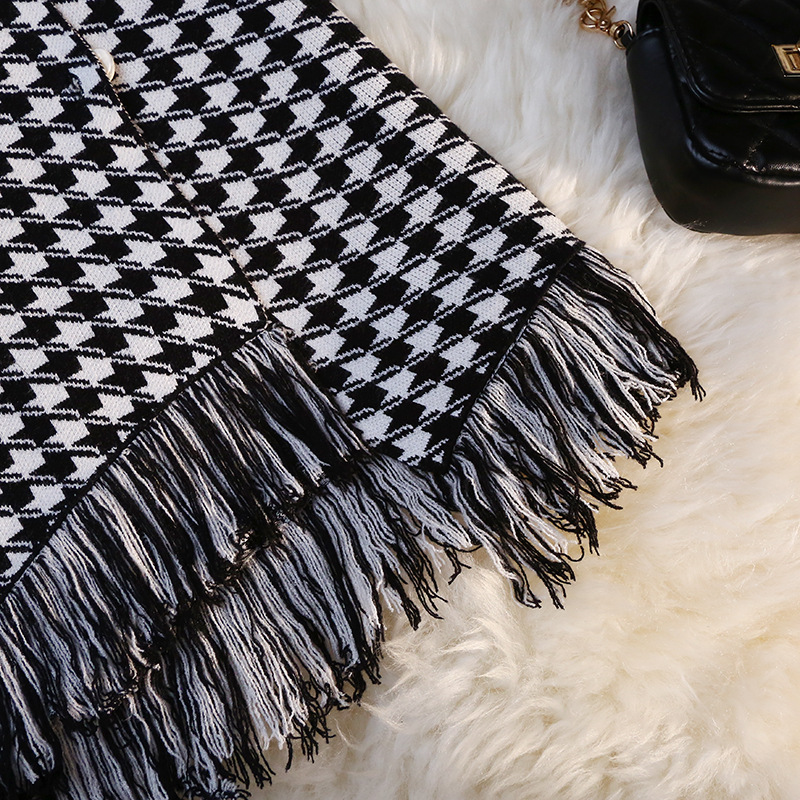 フレアスカート 千鳥格子切替フリンジ裾フレアスカート