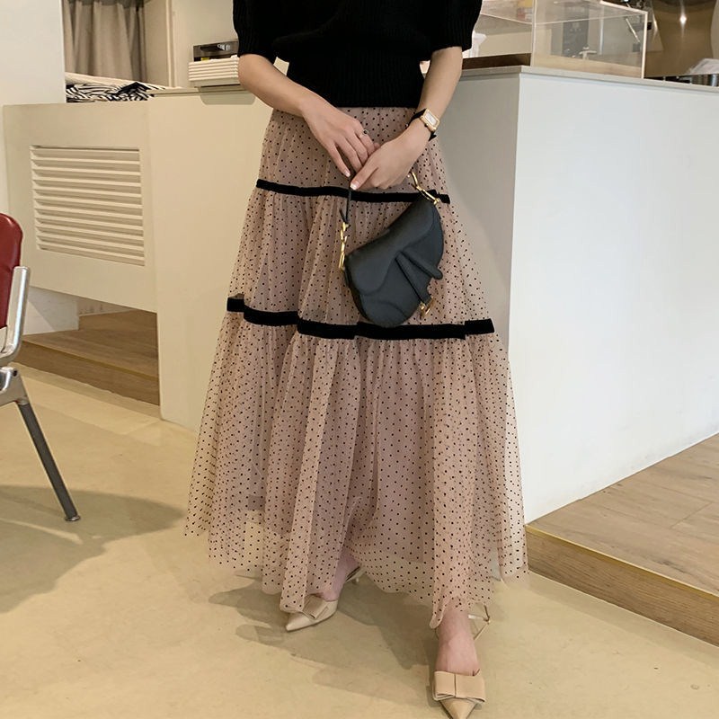 フレアスカート ドット柄チュール重ね段々フレアロングスカート
